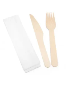 Kit couvert en bois 3en1 "Fourchette + Couteau + Serviette" par 250pcs