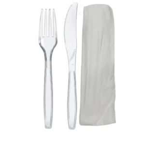 Kit couverts cristal réutilisable 3en1 "couteau + fourchette + serviette" par 250pcs